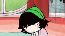 a cartoon drawing of a girl with a green hat