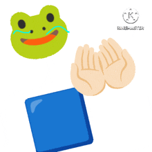 a frog a blue square and a pair of hands are shown