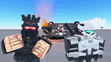 two roblox characters standing in front of a car that has a skull on the back of it