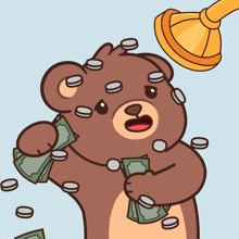 a cartoon of a bear holding a pile of money