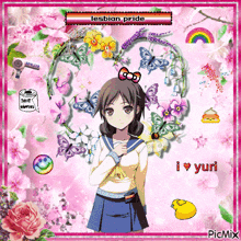 a picture of a girl surrounded by flowers and butterflies with the words lesbian pride on top