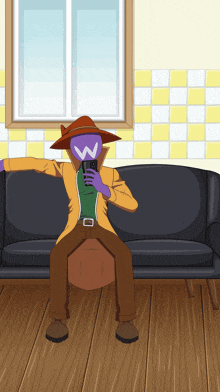 a cartoon character with a w on his face sits on a black couch
