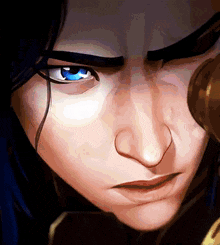 a close up of a cartoon character with blue eyes