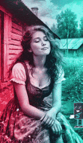 a painting of a woman sitting in front of a wooden building