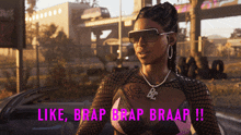 a woman sitting in a car with the words like brap brap braar written above her