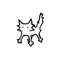 a black and white drawing of a cat with a sad face and a long tail .