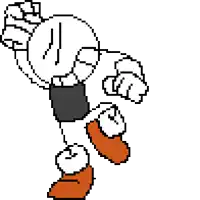 a pixel art drawing of a cartoon character with a fist in the air