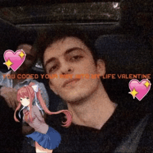 a man is sitting in the back seat of a car with a picture of a girl and a heart .