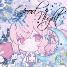 a picture of a girl with a crescent moon and the words good night on it