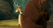 a cartoon deer is standing next to a bear in a field