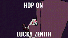 a cartoon of a man sitting in a chair with the words `` hop on lucky zenith '' on the bottom .