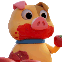a cartoon pig with a blue collar is holding a red apple in its hand