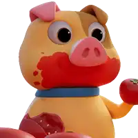 a cartoon pig with a blue collar is holding a red apple in its hand