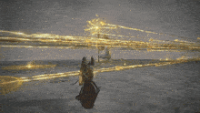 a painting of a person standing in front of a huge fire
