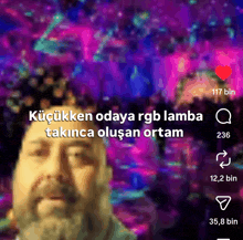a blurred image of a man with the words küçüken odaya rgb lamba takince oluşan ortam
