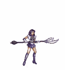 a pixel art of sailor saturn from sailor moon holding a spear over her head .