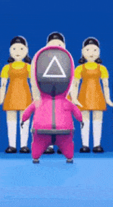 a person in a pink suit with a triangle on the back is standing in front of three dolls .