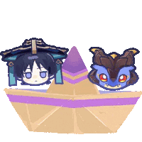 a paper boat with two cartoon characters in it