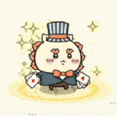 a cartoon of a lion in a top hat and bow tie holding playing cards with the number 187c above him