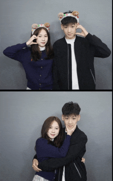 a girl wearing a teddy bear headband stands next to a boy