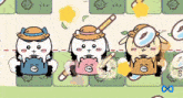 three cartoon characters wearing hats and holding magnifying glasses are standing next to each other in a row .