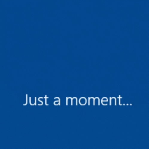 a loading icon spinning with the text reading "Just a moment..." on a blue background