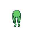 a green frog is standing on its hind legs with its arms up .