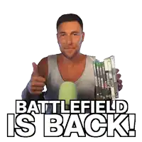 a man giving a thumbs up while holding a stack of battlefield games