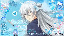 a picture of a boy with long white hair and the words brush king on it
