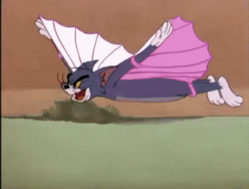 a cartoon cat is flying through the air with a pink cape on .
