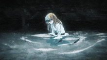 a drawing of a girl in a white dress sitting in the water
