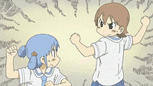 a boy and a girl are fighting each other in a cartoon scene .