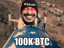 a man wearing a bitcoin hat is riding a sleigh