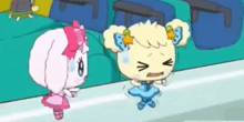 a couple of cartoon characters are standing next to each other on a plane .