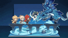 a group of cartoon characters are fighting a dragon