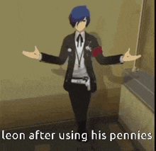 a cartoon of a man in a suit with the words leon after using his pennies