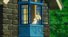 a girl in a white dress is looking out a blue window
