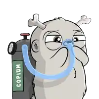 a cartoon character is wearing an oxygen mask with the word copium on the side