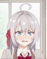 a girl with gray hair and blue eyes is making a funny face