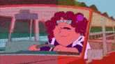 a cartoon of a man driving a bus with sunglasses on his head