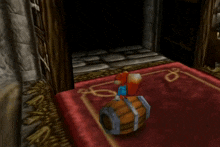 a video game character is standing on a barrel in a dark room