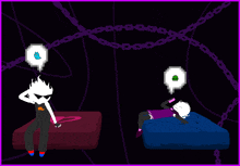 a cartoon of a man sitting on a couch and a woman laying on a bed