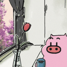 a cartoon of a pig sitting next to a vase of flowers