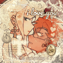 a picture of a man and a woman kissing with the words i love you