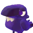 a purple bird with a large beak and teeth is sitting on a white surface .