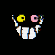 a black background with a yellow and pink pixelated face and the words you