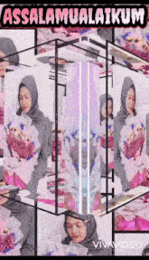 a woman in a hijab is holding a bouquet of flowers in a video that says assalamualaikum