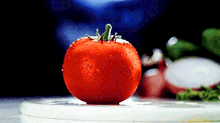 a tomato with water drops on it sits on a white plate