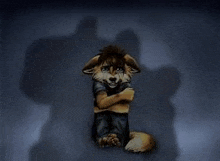 a furry fox is sitting in a dark room with his arms crossed and a shadow of a person behind him .