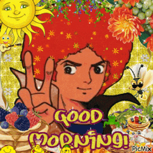 a cartoon of a woman with red hair giving the thumbs up and the words good morning